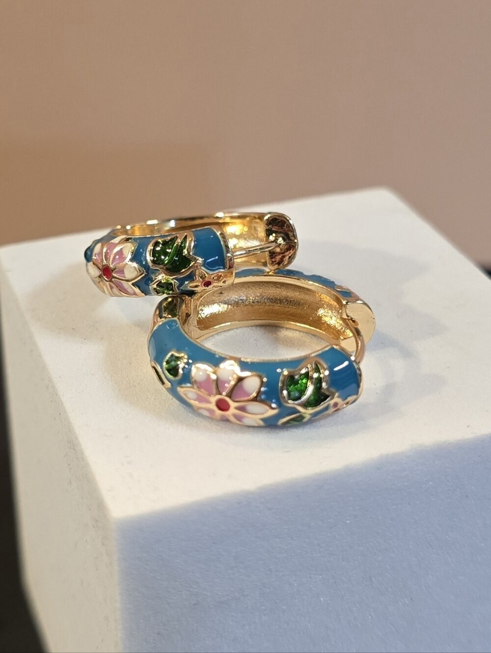 Floral Cloisonne Hoop Earrings - Picture 3 of 4